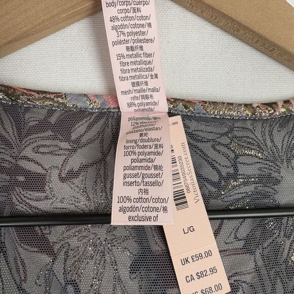 Victorias Secret Bodysuit Womens Large Pink Metallic Sheer Brocade Coquette NEW - Picture 13 of 16